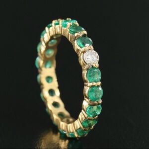 Elegant 14k Yellow Gold and Emerald (with 1 Diamond) Eternity Band Ring